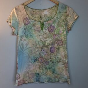 B. Friends Flowers And Scrolls Short Sleeve Top Womens M Multicolor Rhinestones